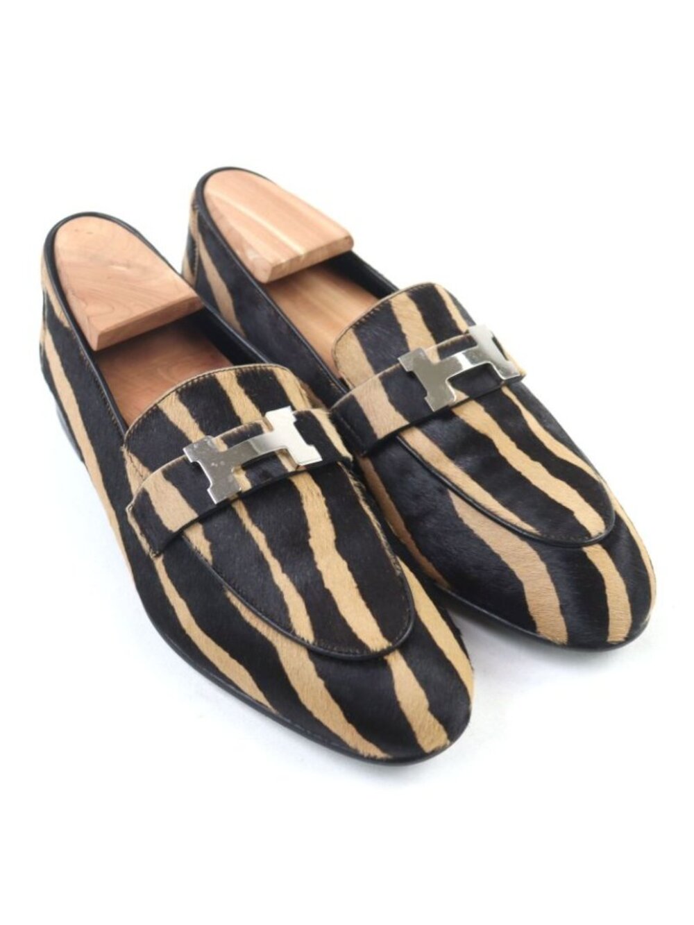Hermes 2021 Z Halaco H Metal Zebra Pattern Moccasin Loafers Camel Black - Picture 3 of 12